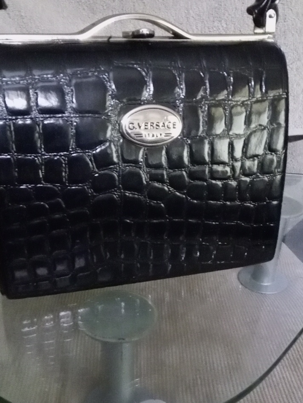 Versace Black Croc-Embossed Top-Handle Briefcase with Silver Plaque